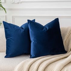 two teal pillows sitting on top of a white couch next to a potted plant