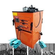 an orange machine with many different types of tools in it and pictures of the machines