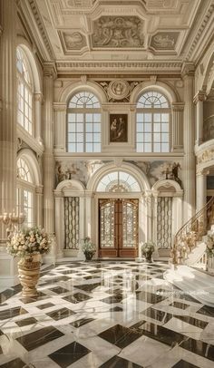 an elegant foyer with marble floors and chandelier, large windowed windows, and two staircases leading up to the second floor