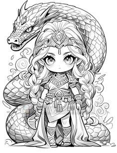 a drawing of a girl with a dragon on her head and a snake around her neck