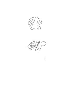 two seashells and a turtle are shown in this black and white drawing,