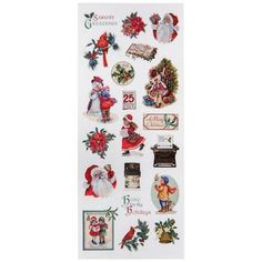 christmas stickers with santa claus and other holiday decorations on white paper, set of 25