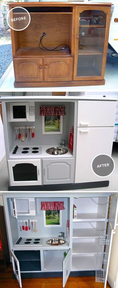 two pictures side by side showing the inside and outside of a toy kitchen