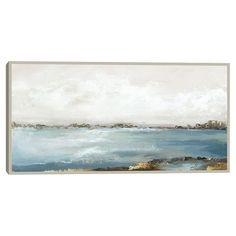 an abstract painting with blue water and white clouds on the horizon, in grey tones