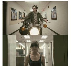 two images one is woman and the other shows a man on a motorcycle