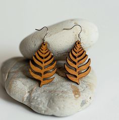 a pair of wooden leaf earrings sitting on top of a rock