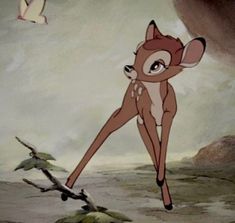 an animated image of a deer standing in front of a bird flying over the ground