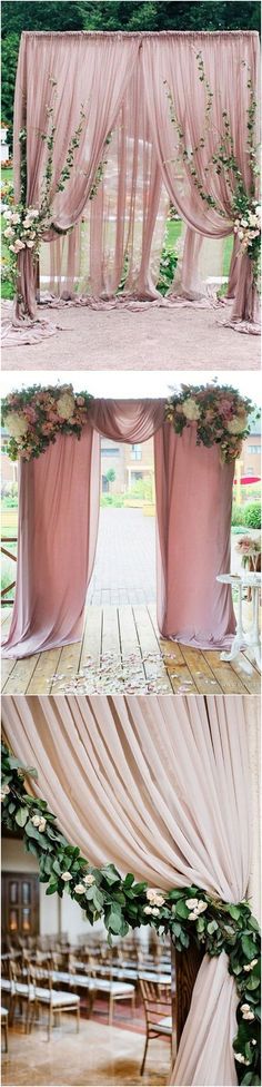 three different images of the inside of a wedding ceremony tent with pink drapes and greenery