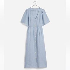 100% Linen Gentle Gathering At The Waist Button-Front Style Machine Wash Blue Linen Button-up Dresses, Flower Print Midi Dress, White Knee Length Skirt, Powder Blue Color, Strapless Midi Dress, White Halter Maxi Dress, Denim Shirt Dress, Madewell Dresses, Pleated Mini Skirt