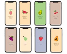 six cell phones with different fruits and vegetables on them, all showing the same screen size