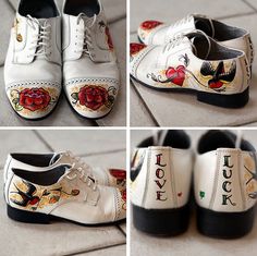 four pictures of white shoes with red roses on them and the words luck painted on them