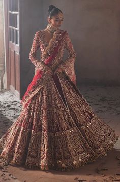 Pakistani Bridal Red Lehenga and Embellished Gown Dress Pakistani Bridal Gown Walima, Indian Bridal Wedding Outfits, Desi Bridal Outfits, Dark Red Bridal Lehenga, Desi Wedding Dresses Pakistani Bridal, Red Lengha Bridal, Pakistani Red Bridal Dress, Pakistani Bridal Wear Red, Baraat Dress Pakistani Bridal Wear