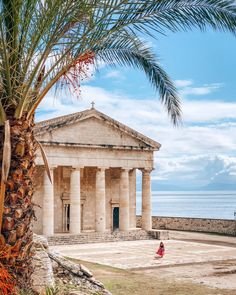 a palm tree in front of an old building with columns on the side and a woman walking by