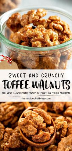 sweet and crunchy toffee walnuts in a glass bowl