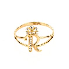 Crown Initial Letter 'R' Ring in 14K Gold with CZ R Ring Letter, Luxury Yellow Gold Cubic Zirconia Initial Ring, Luxury Yellow Gold Initial Ring With Cubic Zirconia, Elegant Gold Initial Ring With Cubic Zirconia, Letter Rings Initial, Gold Bracelet Simple, Gold Finger Rings, Bracelet Simple, Letter Ring