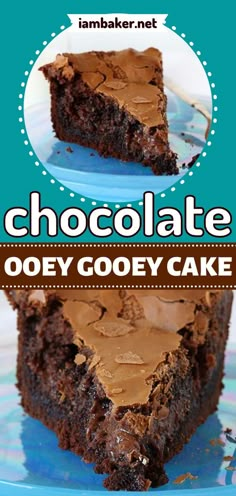 chocolate gooey gooey cake on a blue plate with the title overlaying it