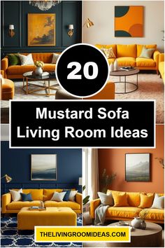 the living room is painted in mustard yellow and blue with black accents, including an orange couch