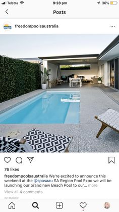 an instagram page with a pool in the middle and some chairs around it on the other side