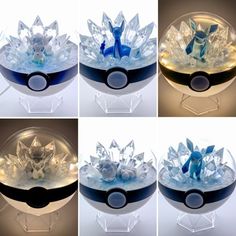 four different views of pokemon figurines in various shapes and sizes, all with lights on them