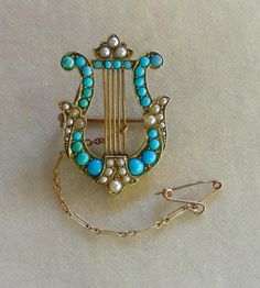 A 15K Victorian Pave Turquoise & Pearl Lyre Brooch Alpha Chi, Samhain