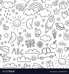 doodle style pattern with clouds, stars and other things in black and white colors