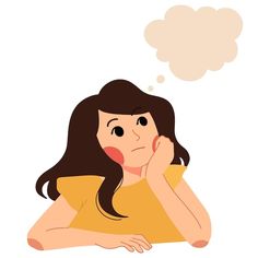 a woman with her hand on her chin and thought bubble above her head