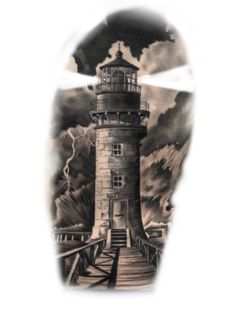 a drawing of a lighthouse on the side of a man's head with clouds in the background