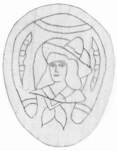 a drawing of a woman wearing a hat and holding a cane in her hand, with an oval background