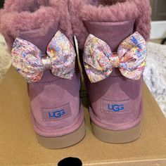 So Feminine! They Feature A Multicolored Jacquard Bow In The Back. The Color Is Lilac, New In Box. I Have One Pair In Size 7 Womens Tall Black Boots, Knit Ugg Boots, Ugg Rain Boots, Grey Ugg Boots, Ugg Bailey Bow, Sequin Boots, Black Ugg Boots, Short Rain Boots, Bailey Bow Uggs