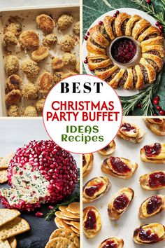 This image highlights some of the best Christmas party buffet ideas and recipes, featuring crispy baked bites, a puff pastry wreath with cranberry sauce, a pomegranate-covered cheese ball served with crackers, and crostini topped with melted brie and cranberry sauce. Perfect for holiday gatherings and festive food spreads! Party Buffet Ideas, Christmas Buffet Ideas, Holiday Party Buffet, Easy Christmas Party Food, Food Ideas For A Crowd, Christmas Candy Buffet, Christmas Party Buffet, Christmas Buffet Table, Christmas Party Food Ideas