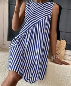 Ladys Dresses, Stripes Dress, Mode Kimono, Shein Brasil, Classy Dress Outfits, Mode Casual, Short Dresses Casual, Dress Sewing Patterns, Fashion Sewing