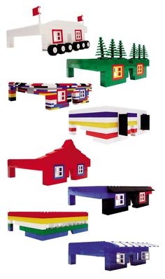 several different types of houses made out of legos are shown in this image, each with their own color scheme