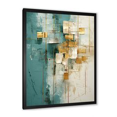 an abstract painting with gold and blue colors on the wall, framed in black frame