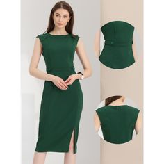 Classic pencil dresses, matches a jacket or blazer to look professional and more elegant. Its high waist shape fits the body and shows off your natural curves. Wear this sleeveless body-con dress, and you're absolutely looking charming perfect in this pencil dress. Suitable for all seasons and for many occasions, such as office, interview, meeting, shopping, dating, weekend casual and daily wear. Dresses Dark Green, Classic Pencil Dress, Pencil Dresses, Dress Slim, Vintage Cap, Natural Curves, Office Casual, Pencil Dress, Sheath Dress