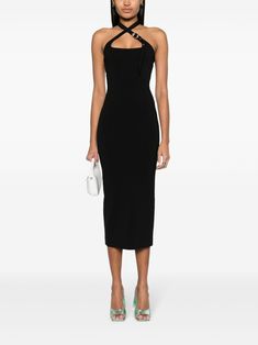 Fitted Halter Neck Midi Dress For Work, Elegant Halter Neck Midi Dress For Work, Chic Halter Neck Midi Dress For Work, The Attico, Black Outfits, Midi Dress Black, Belt Black, Black Midi Dress, Black Stretch