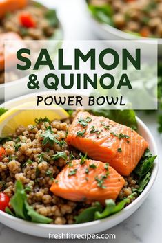 salmon and quinoa power bowl with lemon wedges on the side in white bowls