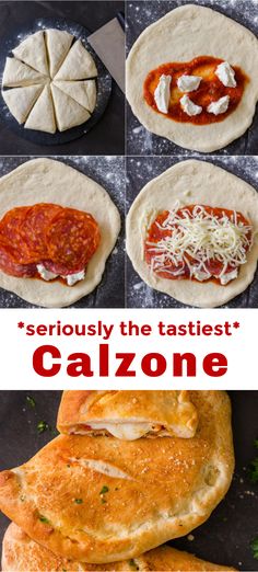 several different types of pizzas with the words seriously the tastiest calzonee