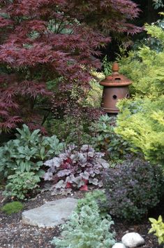 a garden with various plants and rocks in the foreground, along with a fire hydrant