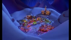 an animated christmas village is shown in the middle of a snowy landscape with trees, lights and buildings