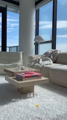 a living room filled with furniture and a large window overlooking the ocean on a sunny day