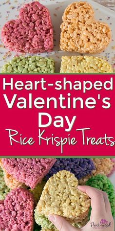 heart shaped valentine's day rice krispy treats on a white plate with pink border