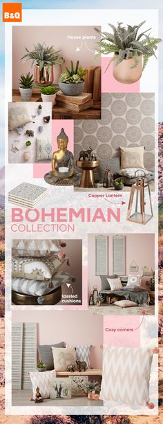 a collage of photos showing different types of furniture and decor in pink, grey, white