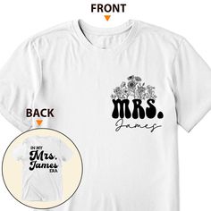 Get ready for your special day with this custom last name t-shirt. Words on front and back retro design that is customized for your last name. This t-shirt makes a great statement for a bachelorette party or honeymoon. Great bachelorette shirt, new bride gift, personalized bride gift, retro bride gift.MESSAGE: In my mrs era. PRODUCT DETAILS: 100% cotton (99% for ash/grey colors, 50% for hoodie) Decoration type: Digital Print Anniversary Crew Neck T-shirt With Custom Print, Retro White Tops For Anniversary, Wedding T-shirt With Custom Print And Short Sleeves, Custom Print Short Sleeve T-shirt For Wedding, White Pre-shrunk Tops For Anniversary, Anniversary T-shirt With Custom Print, Short Sleeve, Anniversary White Custom Print T-shirt, White T-shirt With Name Print For Anniversary, Customizable Crew Neck T-shirt For Anniversary