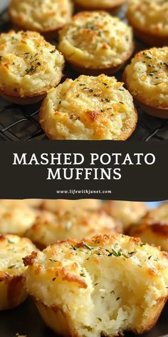 mashed potato muffins on a cooling rack with text overlay that reads mashed potato muffins