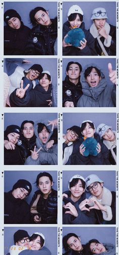 several pictures of people posing together for a photo booth with their hands in the air