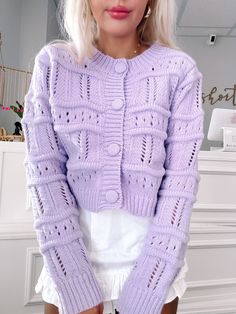 Lost in Lilac Cardigan | sassyshortcake.com | Sassy Shortcake Cozy Lavender Sweater For Fall, Cozy Lavender Fall Sweater, Lavender Knit Sweater For Fall, Purple Winter Cardigan For Layering, Purple Chunky Knit Long Sleeve Outerwear, Purple Chunky Knit Winter Cardigan, Purple Long Sleeve Chunky Knit Outerwear, Purple Long Sleeve Cable Knit Cardigan, Casual Purple Soft Knit Cardigan