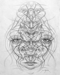 a pencil drawing of a woman's face with many different faces and shapes on it