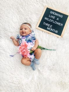 a baby sitting on a fluffy white blanket next to a sign that says growing like a wildflower three months