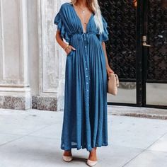 Blue Gauze Semi Sheer Long Length Maxi Dress With Button Front Detail And A Raw Hem. Wide V-Neckline. Adjustable Self Tie Drawstring Empire Waistband. One Size Fits Most: Recommended For Sizes 0, 2, 4, 6, 8, 10, Small, Medium And Large Material: 100% Polyester Our Boutique Is Filled With A Curated Collection Of Styles: Spell Gypsy Boho Bohemian Hippie Retro Vintage Handmade Coachella Festival Free People Anthropologie Johnny Was Urban Outfitters Western Aztec Tribal Floral Vacation Fall Winter S Hippie Dress Outfit, Blue Beach Dress, White Tunic Dress, Button Maxi Dress, Casual Beach Dress, Hippie Dress, Summer Beach Dress, White Tunic, Family Pics