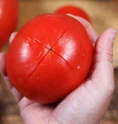 a person holding a red tomato in their hand, with the top half torn off